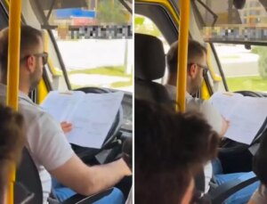 Minibüs şoförü seyir halinde ders çalıştı
